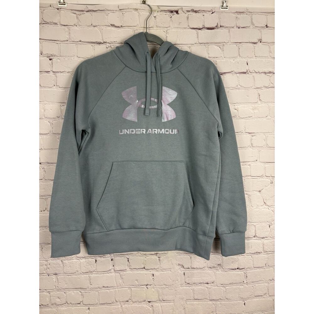Under Armour Woman's Rival Greenish Blue Fleece Metallic Logo Hoodie XS NWOT - Picture 1 of 6